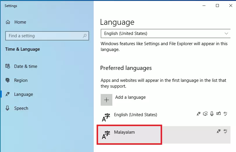 Malayalam language and keyboards in windows 10