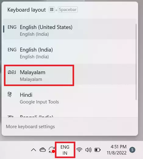 Enable Malayalam Inscript keyboard in windows 11