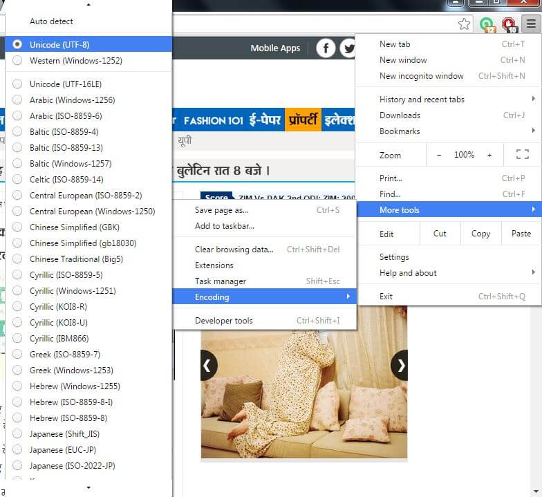 how to change text encoding in chrome