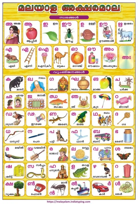 Malayalam alphabet chart with vowels and consonants